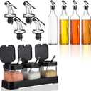 7 Pcs Salt Sugar Container and Oil Dispenser for Kitchen Gift Set, 8.6 oz Clear Glass Condiment Canisters Pots with Lid and Spoon 17 oz Glass Oil Bottle for Countertop, Coffee Bar