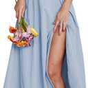 Linsery Women's Puff Sleeve Floral Maxi Dress Elegant Square Neck Cottagecore Boho Split Long Dresses (Small, Solid Blue)