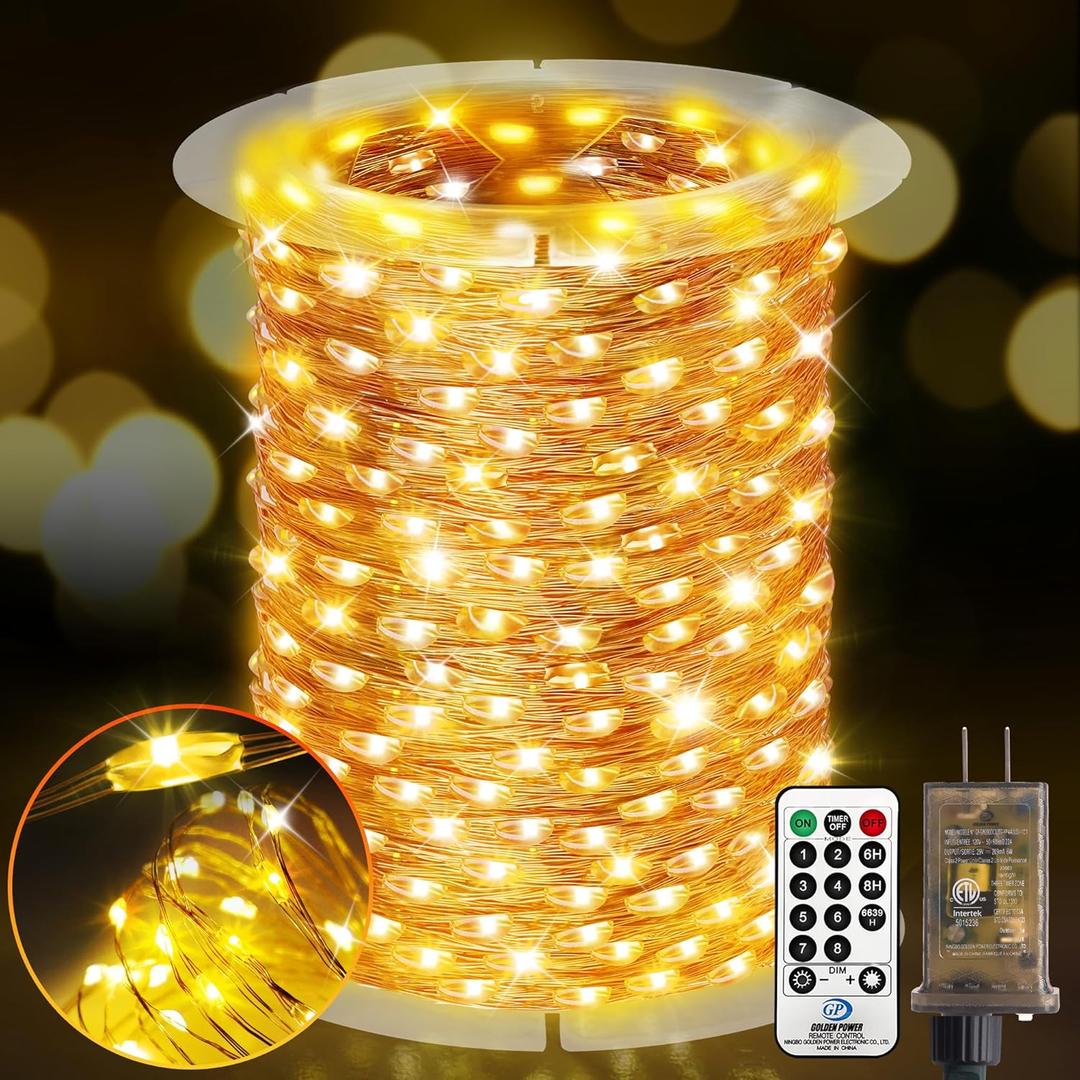 KNONEW 203FT 600 LED Outdoor Fairy Lights Plug in, Christmas Fairy Lights Outdoor Waterproof 8 Modes Memory Times for Wedding Bedroom Walls Garden Trees Decoration(Warm White)