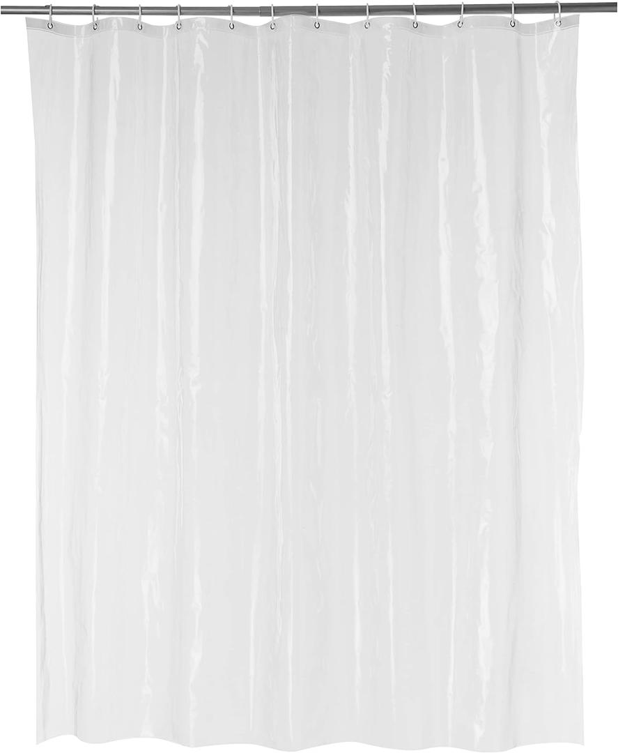 Amazon Basics Water Resistant 8-Gauge PEVA Shower Curtain Liner with Metal Grommets and Plastic Hooks, 72"L x 72"W, Clear