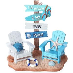 Wonderjune Beach Chair Resin Figurine 7x7 Inch Nautical Summer Decor with Adirondack Chairs and Sign Blue Beach House Tabletop Decoration for End Table Mantle or Housewarming Gift(Coastal)