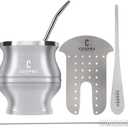 Yerba Mate Cup - Mate Gourd Set Includes Double Walled Stainless Steel Tea Cup, Tea Shaper set, Bombilla Straws, Cleaning Brush (Silver)
