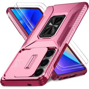 Case for Samsung Galaxy S25 Ultra with Slide Camera Cover+Screen Protector(2 Packs), Military Grade Shockproof Protective Cover, Rotated Ring Kickstand(A - Pink+Red)
