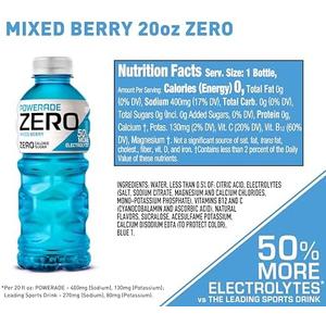 POWERADE Electrolyte Enhanced Zero Sugar Mixed Berry Sports Drink, 20 Ounce (Pack of 24)