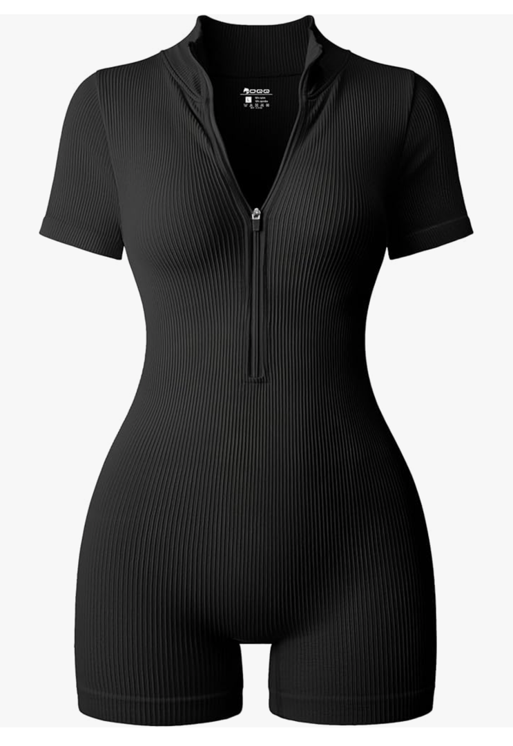 OQQ Women Rompers Ribbed Short Sleeve Zip Front Stretch Tummy Control Yoga Workout Rompers Black Medium