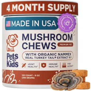 Pets are Kids Turkey Tail Mushroom for Dogs with Organic Real Turkey Tail™ - 8:1 Extract Mushroom Chews for Lumps & Bumps, Immunity, Gut, Skin, Joint & Spine Support - Reishi, Lion’s Mane - 120 Chews, Exp: 11/2027