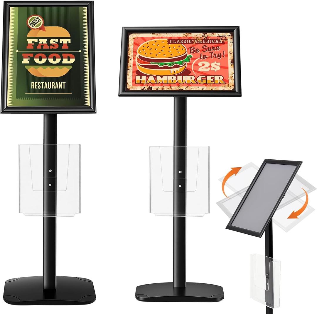 Blulu 11 x 17 Inch Decorative Advertising Sign Displays Stand with 8.5 x 11 Inch Brochure Holder, Floor Standing Pedestal Poster Sign Stand Black for Posters, Advertisements, Menus, Flyers