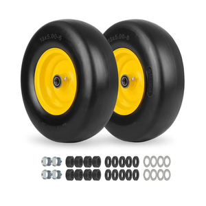 13x5.00-6 Flat Free Lawn Mower Tire and Wheel, Smooth Tread Tire for Lawnmower, Bearing Bore Hole 3/4" & 5/8, 3.25"-5.9" Centered Hub, 2 PCS Yellow Black