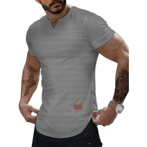 Muscle T Shirts for Men, Men's Waffle Henley Shirts Knit Muscle Fitted T Shirt V Neck Longline Tops Gym Workout Athletic Shirt Tees Grey, XX-Large