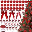 78 Pcs Red Rose Valentine's Day Tree Decoration Set Include Faux Rose Velvet Bows Berries Picks Pearl Garland Velvet Christmas Bows Ornaments for Holiday Xmas Tree Home Decoration