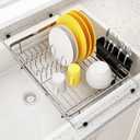 In Sink Dish Drying Rack, Expandable Over The Sink Dish Rack for Small Kitchen, Space Saving Stainless Steel Dish Drainer with Utensil Holder, 14.1"-21.2" L x 11"W, Small Plate Dryer Strainer, Silver