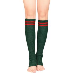 Zando Womens Fashion Warmers Adult Junior 80s Ribbed Knitted Long Socks for Party Sports Casual Socks (One Size, C Christmas Green (Red Stripe))