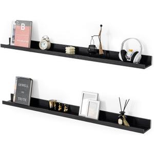 Muzilife 55" Large Floating Wall Ledge Shelves with Lip - Set of 2 Wood Floating Shelves - Black Wall Mounted Picture Ledge for Office, Bathroom, Bedroom, Living Room, Kitchen