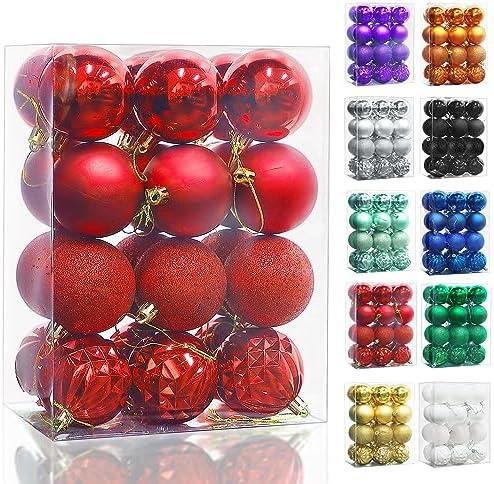 Lulu Home Christmas Ball Ornaments, 24 Ct 2.36" Pre-Strung Hanging Ornament Decorations, Xmas Shatterproof Plastic Balls for Holiday Party Wreath Garlands Trees, Red