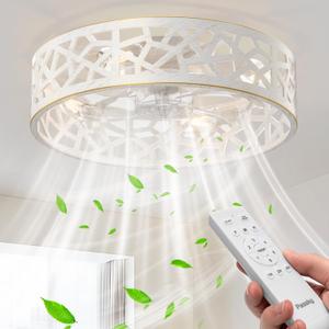 20" Fandelier Ceiling Fan with Light, Caged Bladeless Ceiling Fans with Remote, Farmhouse Flush Mount Fan for Bedroom, Kitchen, Living Room, White