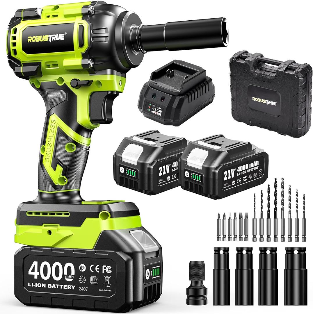 Cordless Impact Wrench, 590Ft-lbs (800N.m) Brushless 1/2 inch, 2800RPM High Torque Impact Gun, 2x 4.0Ah Battery, Charger, 4 Sockets, Electric Impact Wrench for Car Home