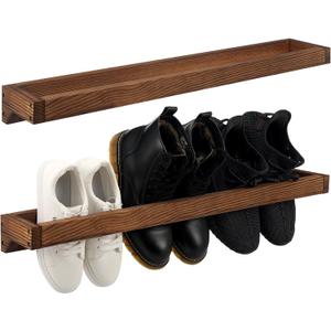 Wenqik 2 Pcs Wall Mounted Shoe Rack 30 Inch Rustic Wood Wall Hanging Shoe Rack Space Saving Footwear Holder Shoe Storage Organizer for Mudroom, Entryway, Closet (Burnt Wood)