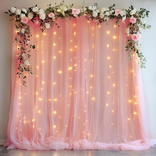 Xiomot Tulle Backdrop Curtain with Lights String 10FT X 8FT Peach Sheer Tulle Backdrop Curtains for Wedding Birthday Party Reception Photo Booth Background Decorations (2 Panels 5x8FT)