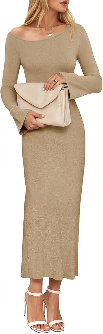 Wenrine Womens Fall Off The Shoulder Bodycon Sweater Dress 2025 Formal Long Sleeve Elegant Cocktail Party Maxi Dresses (Beige)