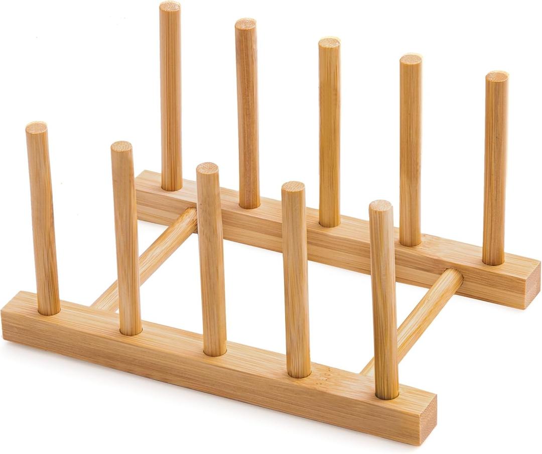 Bamboo Dish Drying Rack for Kitchen Counter and Cabinet, Dish/Book/Plate/Bowl/Cup/Cutting Board/Pot Lid Organizer for Kitchen, Living Room, Study, Display Cabinet (4 Slots)