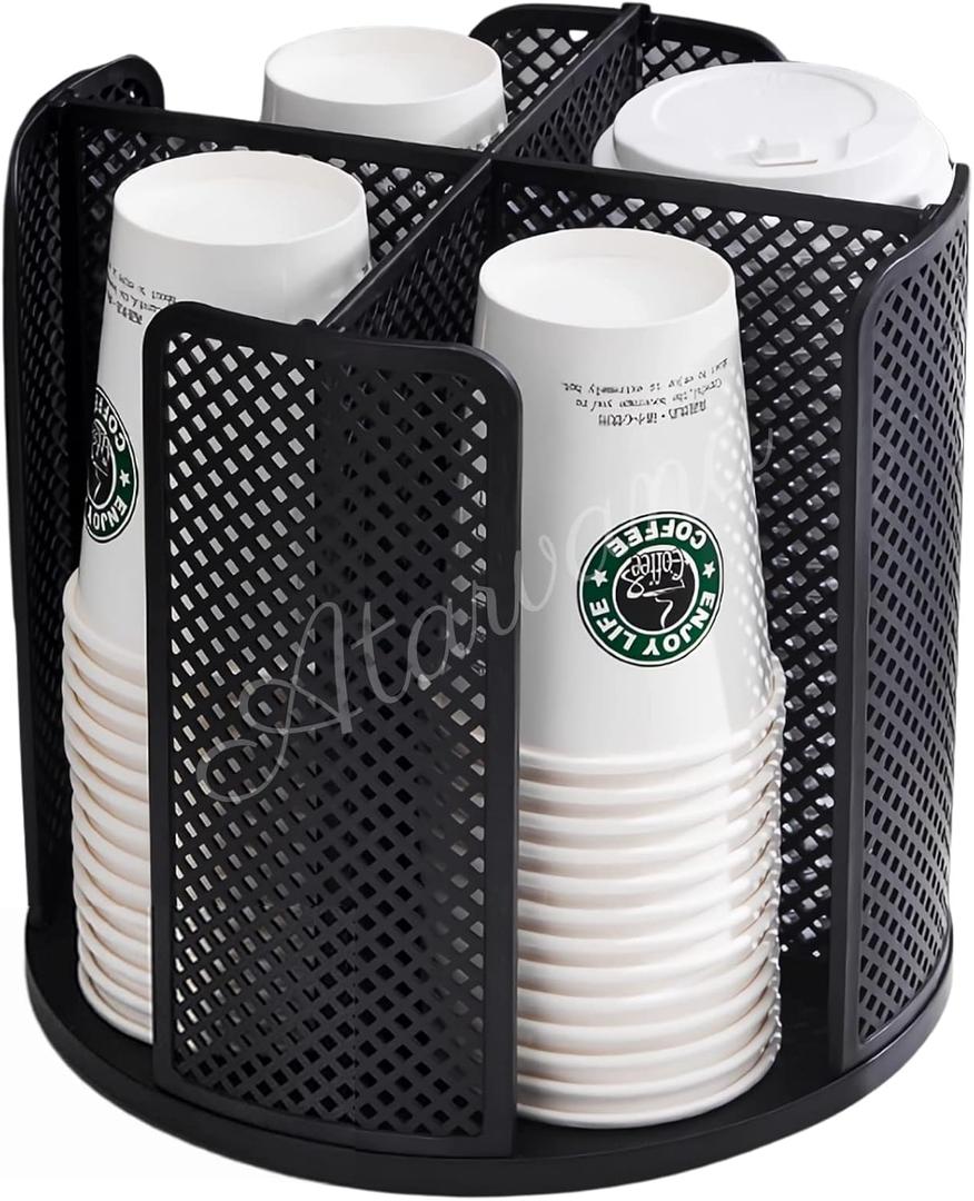 Rotatable Coffee Cup Dispenser with 4 Compartments, Atavarna Cups and Lids Holder for 5-16oz Cups Organizer for Restaurant, Coffee Station, Bar, Office, Home-9.25" x 9.25" x 8.66" (Black)