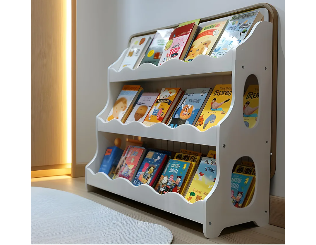 Kids Book Shelf Wooden Montessori Bookshelf Dutch Design 3Tier Scalloped,SnowfallWhite