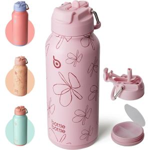 BOTTLE BOTTLE 32oz Insulated Water Bottle Stainless Steel Sport Water Bottle with Straw Dual-use Lid Design for Gym with Pill Box (Pink Flower)