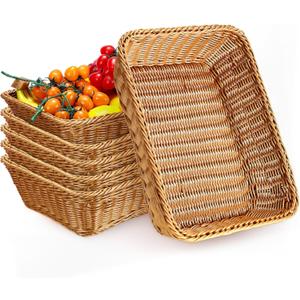 Eccliy 6 Pack Poly Wicker Bread Baskets 19 Inch Imitation Rattan Serving Trays for Bread Snacks Fruit Vegetables Tabletop Display Basket for Kitchen Restaurant Home Hotel