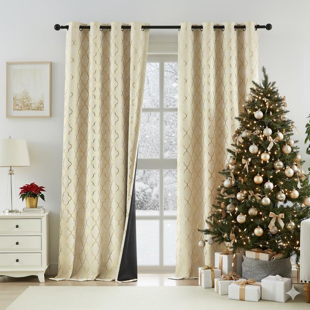 ZJDECOR Beige Full Blackout Window Curtain Panels with Gold Geometric Metallic Moroccan Print,Modern Room Darkening Light Blocking Drapes,Grommet Window Treatment for Bedroom,52" Wx84 L(Pack of 2)