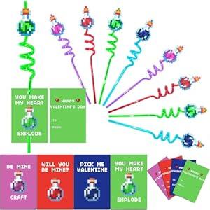 Valentines Day Gifts for Kids, 24 Mine Pixel Potion Craft Straws with 24 Valentines Cards, Valentines Day Gifts for School Classroom Boys Girls Exchange