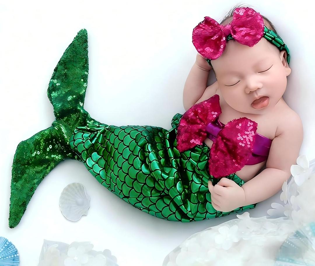 Holibeat Newborn Girl Photography Props Mermaid Baby Photoshoot Outfits Mermaid Tail Photo Props (green-purple) (0-1M)