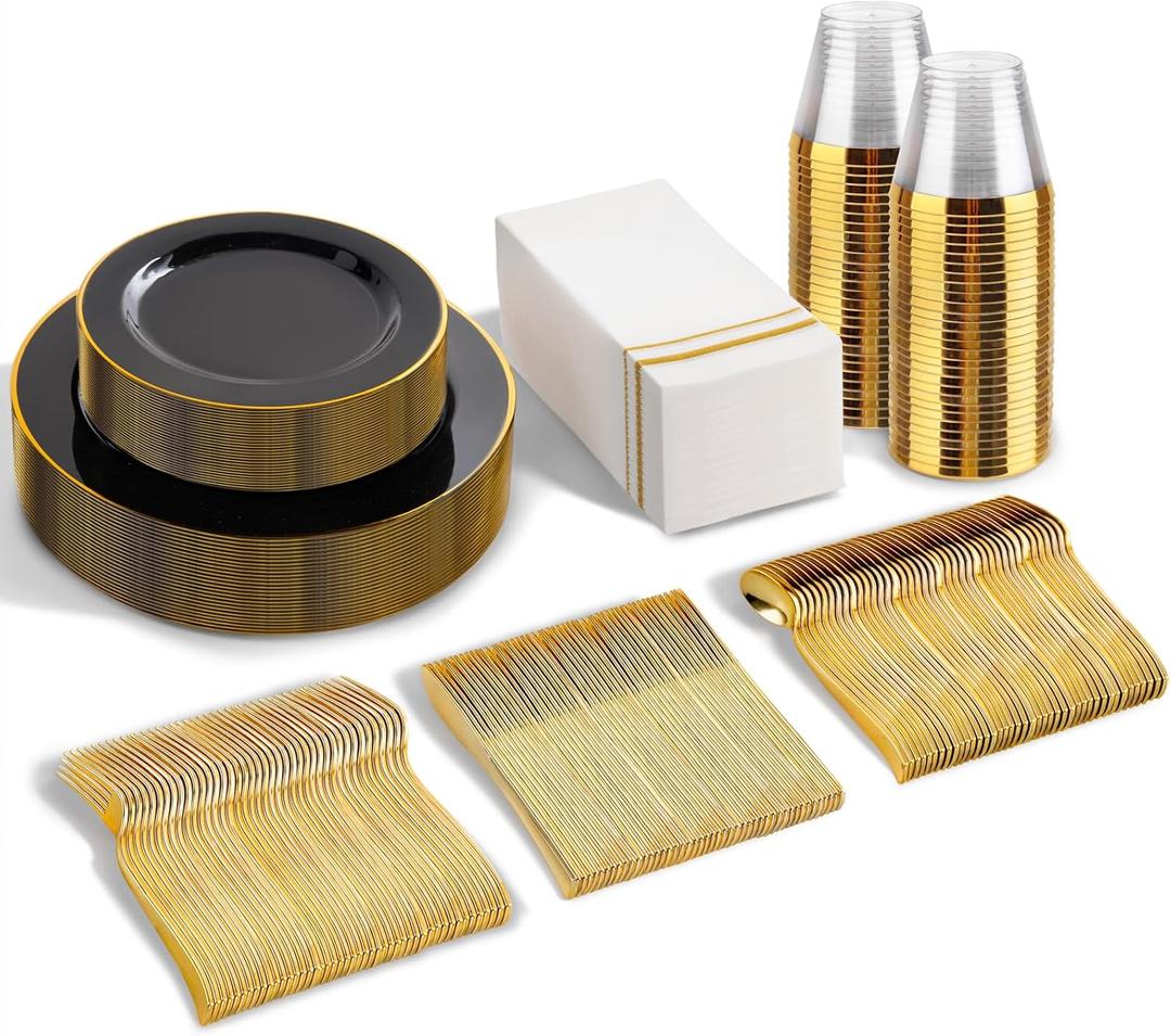 SUT 175 Piece Black and Glod Plastic Dinnerware Set for 25 Guests, Disposable Plastic Plates, Include: 25 Dinner Plates, 25 Dessert Plates, 25 Pre Rolled Napkins with Silver Silverware, 25 Cups