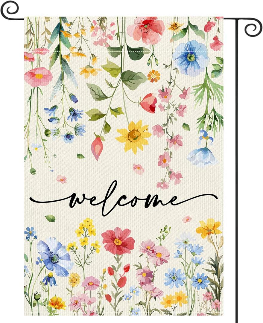 2 x Spring Welcome Floral Garden Flag, 12.5x18 Inch Double Sided Summer Flower Yard Flag, Outside Outdoor Seasonal Burlap Funny Flowers Flags Home Patio Decoration