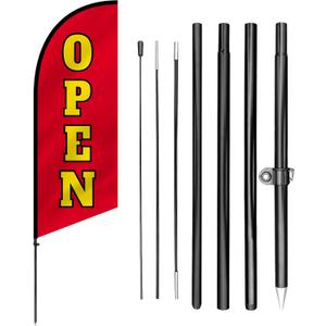 Anley 7.5 FT Open Feather Flag Banner Kit - Outdoor Swooper Advertising Flags with Pole and Stake Open Sign for Storefront, Business Promotion, Events, Trade Shows Weather Resistant & Easy Setup