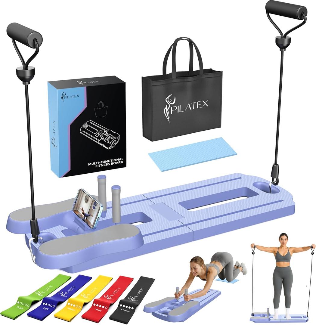Pilates Board  Foldable Pilates Reformer with Resistance Bands, Bar & Travel Bag  Full-Body Strength & Ab Training Equipment for Women & Men, 15 in 1 (Purple, Starter)