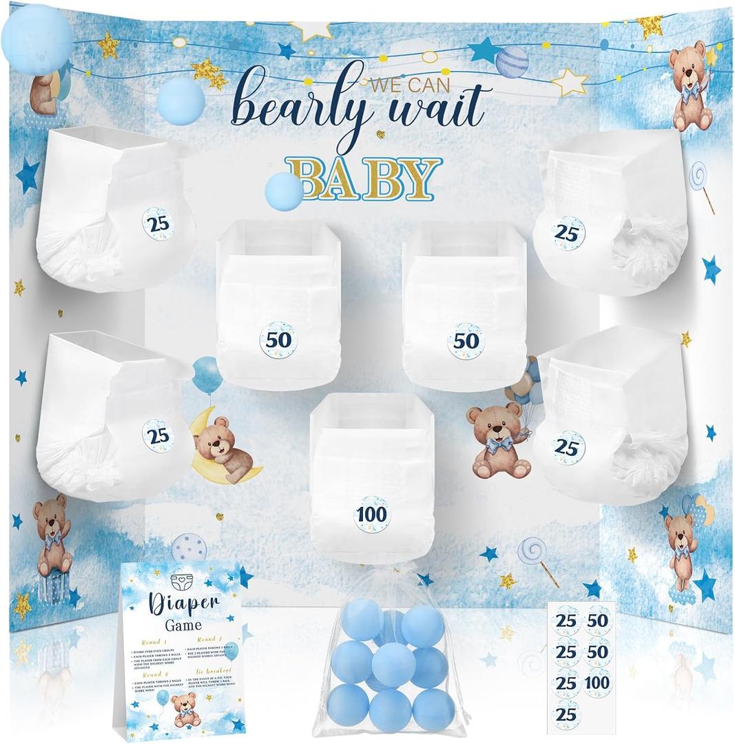 Ctosree 31 Pieces Bear Baby Shower Diaper Game 1 Diaper Baby Shower Game Board 7 Diapers 10 Plastic Balls 1 Organza Bag for Bridal Games Boy Girl