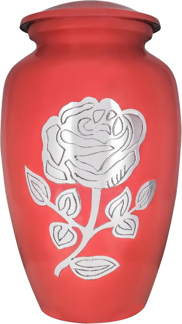 Urn for Ashes for Woman & Man, Cremation Urns for Human Ashes Adult Female or Male, Burial, Decorative Urns for Funeral, Hand Engraved Silver Rose, Red Flowers Urn - Large Full Size
