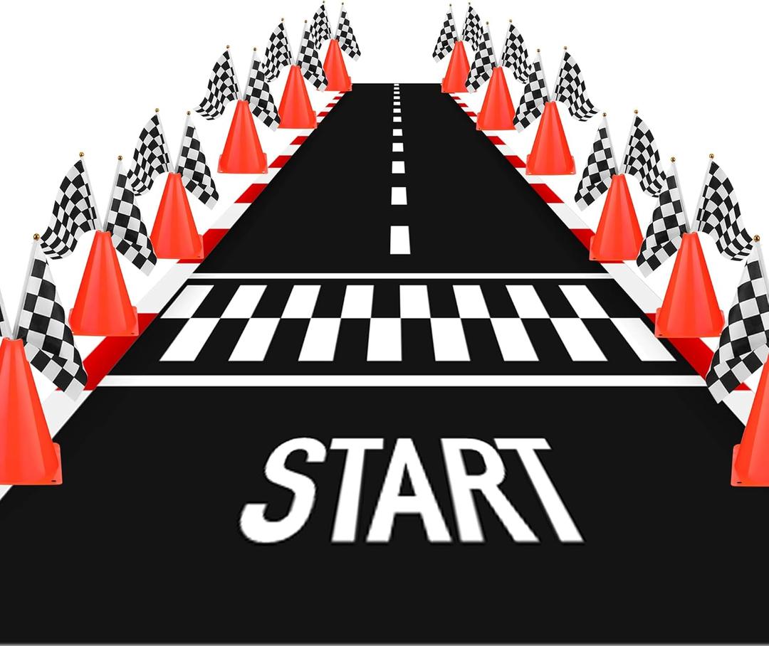 37 Pcs Race Car Party Decorations, 12 Orange Traffic Cones with Holes on Top, 24 Checkered Flags, 1 Racetrack Floor Runner,for Race Car Birthday Party Table Centerpiece Supplies