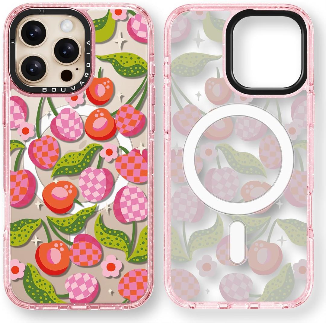 Bouvardia for iPhone 16 Pro Max Case Cute Aesthetic Magnetic,[Compatible with Magsafe] Shockproof Military Grade Protection,Girly Design for Women Girls,Pink Red Cherry Pattern,Pink Glitter Cover (Magsafe Case for iPhone 16 Pro Max, Check Cherry)