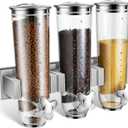 Umigy 1 Pcs Candy Dispenser Wall Mounted, Triple Dry Cereal Grain Dispenser Machine Wall Mount, Food Storage Container for Pantry Snack with 3 Cup for Kitchen, 39 oz (Silver)