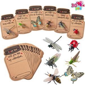 JOYIN 30 Pcs Valentines Day Gift Card Bulks with Realistic Bugs Toy Set for Kids, Valentine's Classroom Gift Exchange Prizes Party Favor Toys, Greeting Exchange Cards for Boys Girls