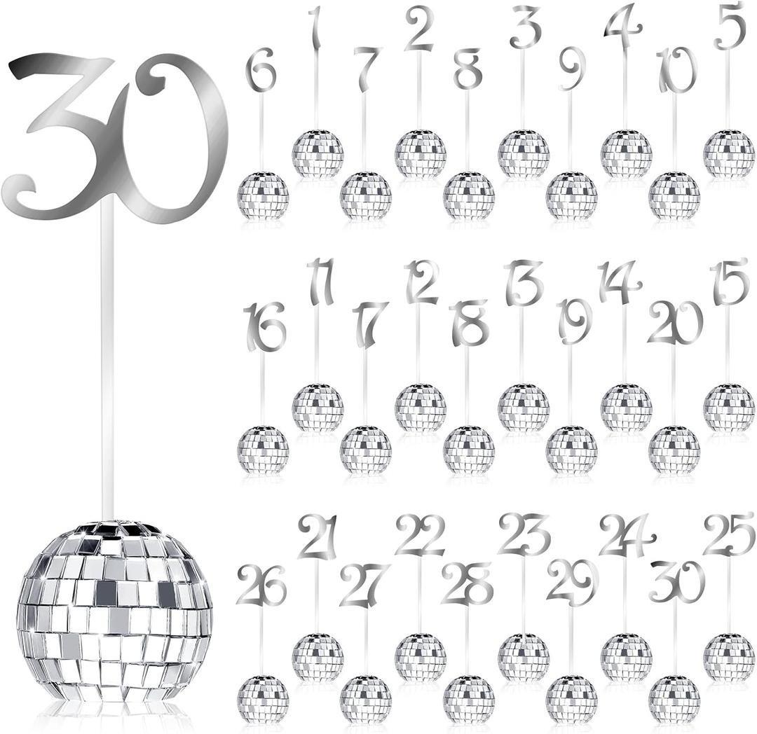 Wedding Table Numbers 1-30 Silver Disco Ball Table Number Holders for Reception Seat Wedding Birthday Event Party Decoration(Silver)