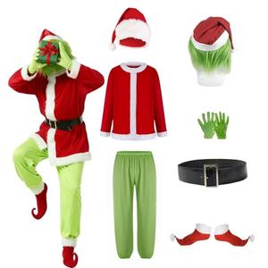 Adrinfly 7pcs Christmas Big Monster Santa Suit for Adult Green Deluxe Santa Costume With Mask XL