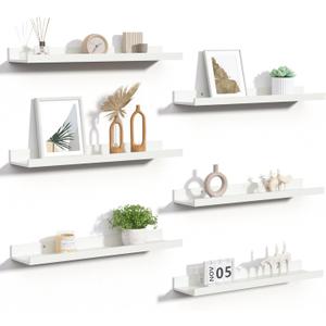 upsimples Floating Shelves for Wall, 23.6 Inch Shelves for Decor Storage Set of 6, Wall Mounted Wood Shelf for Bedroom, Living Room, Bathroom, Kitchen, Long Picture Ledge Shelves, White
