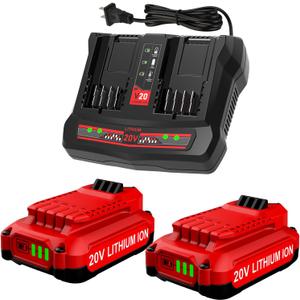 Powilling 2Pack 3.5Ah 20V Replacement Craftsman V20 Lithium Battery and Charger Kit, for CMCB202 CMCB204 CMCB206 CMCB201 CMCB100 CMCB124 with 2Port Dual CMCB104 Craftsman 20V Battery Charger