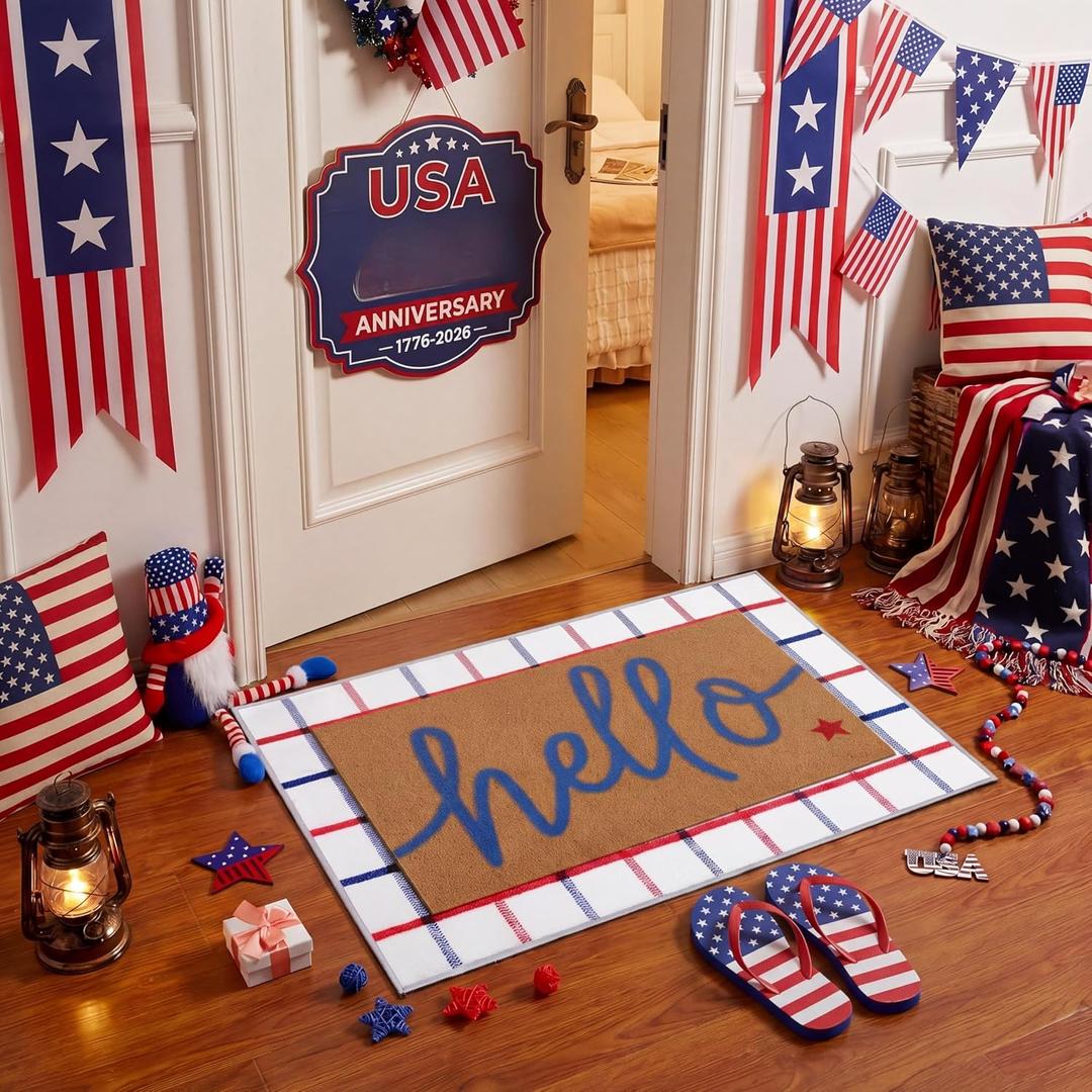 Dunzy 2 Pcs Patriotic 250th Anniversary Doormat Imitation Coir 4th of July Memorial Day Welcome Mat USA Independence Day Front Door Mat Nonslip Red White Blue Outdoor Indoor Rug Decor(Hello)
