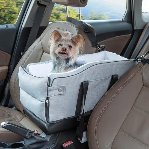 Center Console Dog Car Seat for Small Dogs Up to 12lbs,Portable Middle Console Dog Booster Car Seat with Adjustable Straps, Storage Pocket & Safety Leash