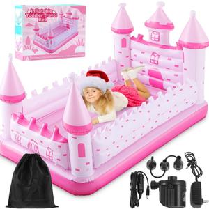 Pink Castle Inflatable Kids Bed, Toddler Travel Bed with Safety Bumper and Air Mattress Portable Air Mattress with Pump for Kids Vacation Hotel Home Sleepover Birthday Gift