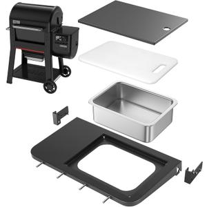 Utheer Front Folding Grill Table for Weber Searwood 600 23" x 12.5" Large Front Shelf with Stainless Steel Basin, Works Cutting Board, Lid & 5 Hooks, Heavy-Duty Weber Searwood 600 Accessories