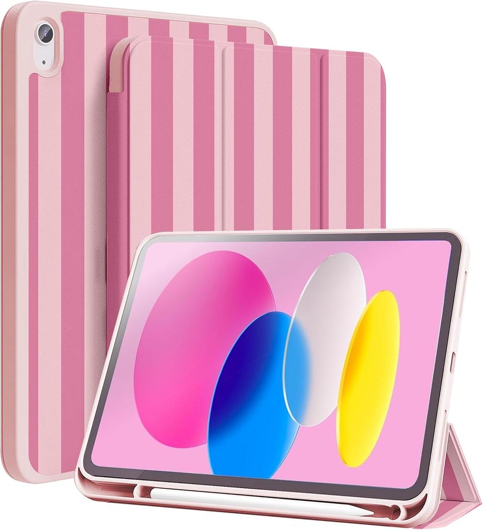 TopPerfekt Case for iPad 11th (A16) 11-inch 2025/10th Generation 10.9-inch 2022, Stripes [Auto Wake/Sleep] with Pencil Holder Trifold Stand Smart Cover with Soft TPU Back, Supports Touch ID - Pink